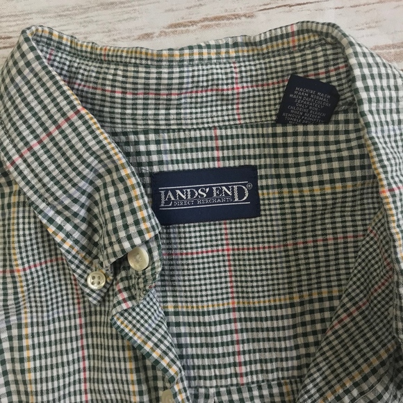 Lands' End Short Sleeve Green Plaid Seersucker - Picture 2 of 6